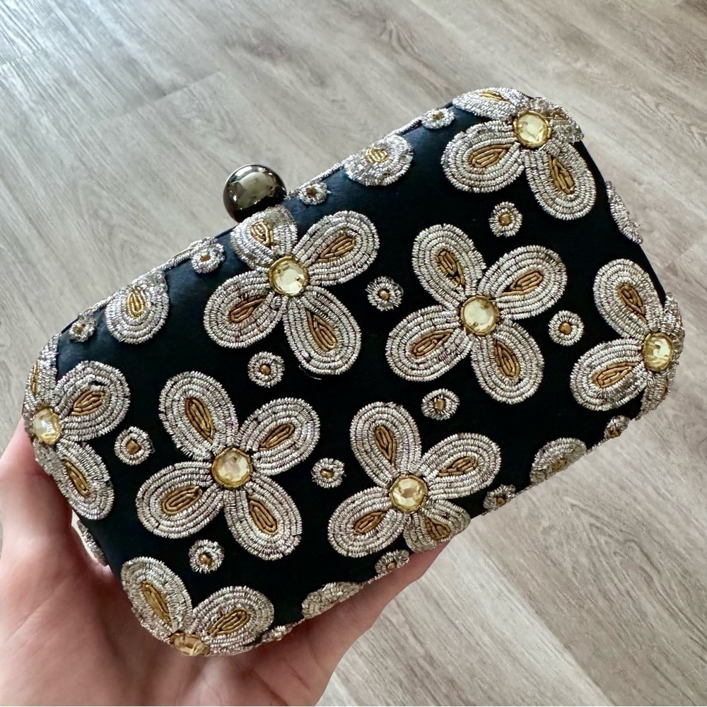 Santi India Evening Bag Clutch Crossbody Black Beaded Silver Gold Event Elegant